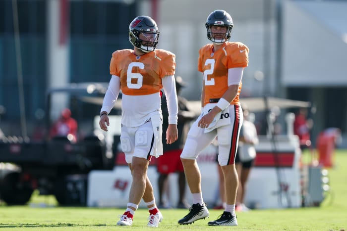 Aug 3, 2023; Tampa Bay, FL, USA; Tampa Bay Buccaneers quarterback Baker Mayfield (6) and quarterback Kyle Trask (2) participate in training camp at AdventHealth Training Center. Mandatory Credit: Nathan Ray Seebeck-USA TODAY Sports